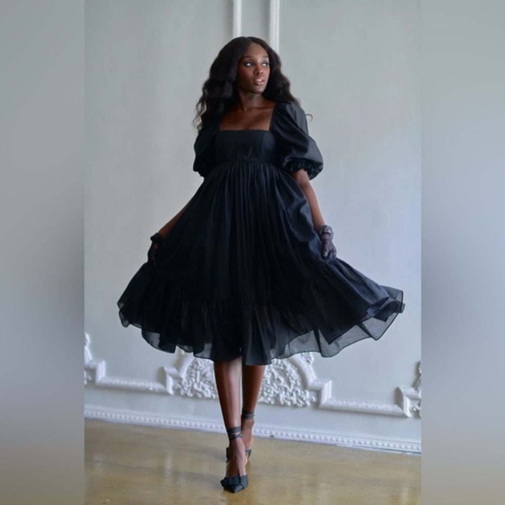 Selkie Caviar Black Puff Sleeve Dress - Medium - Rare Find